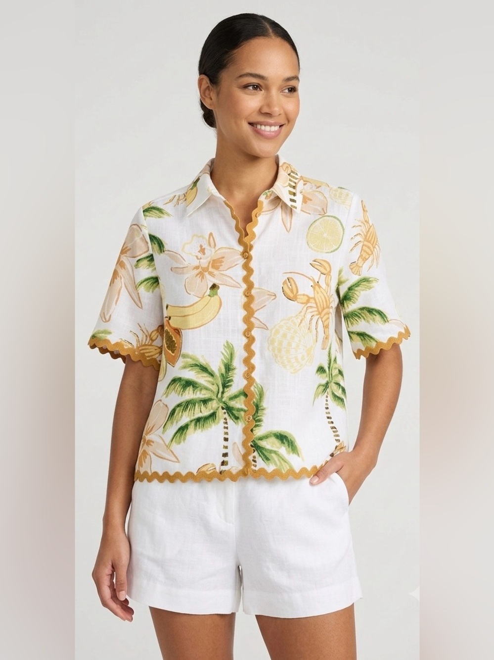 Calypso St Barth Tropical Lobster Fruit Linen blend Blouse Ric Rac Trim Small